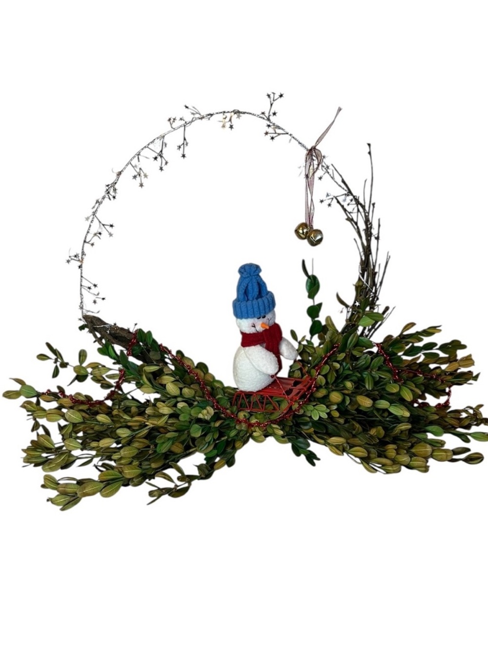 Hand Crafted Blue-Hat Snowman Wreath Shelf Sitter with Greenery